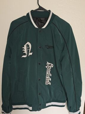 SHEIN Dark Green Varsity Bomber Jacket with White Graphics
